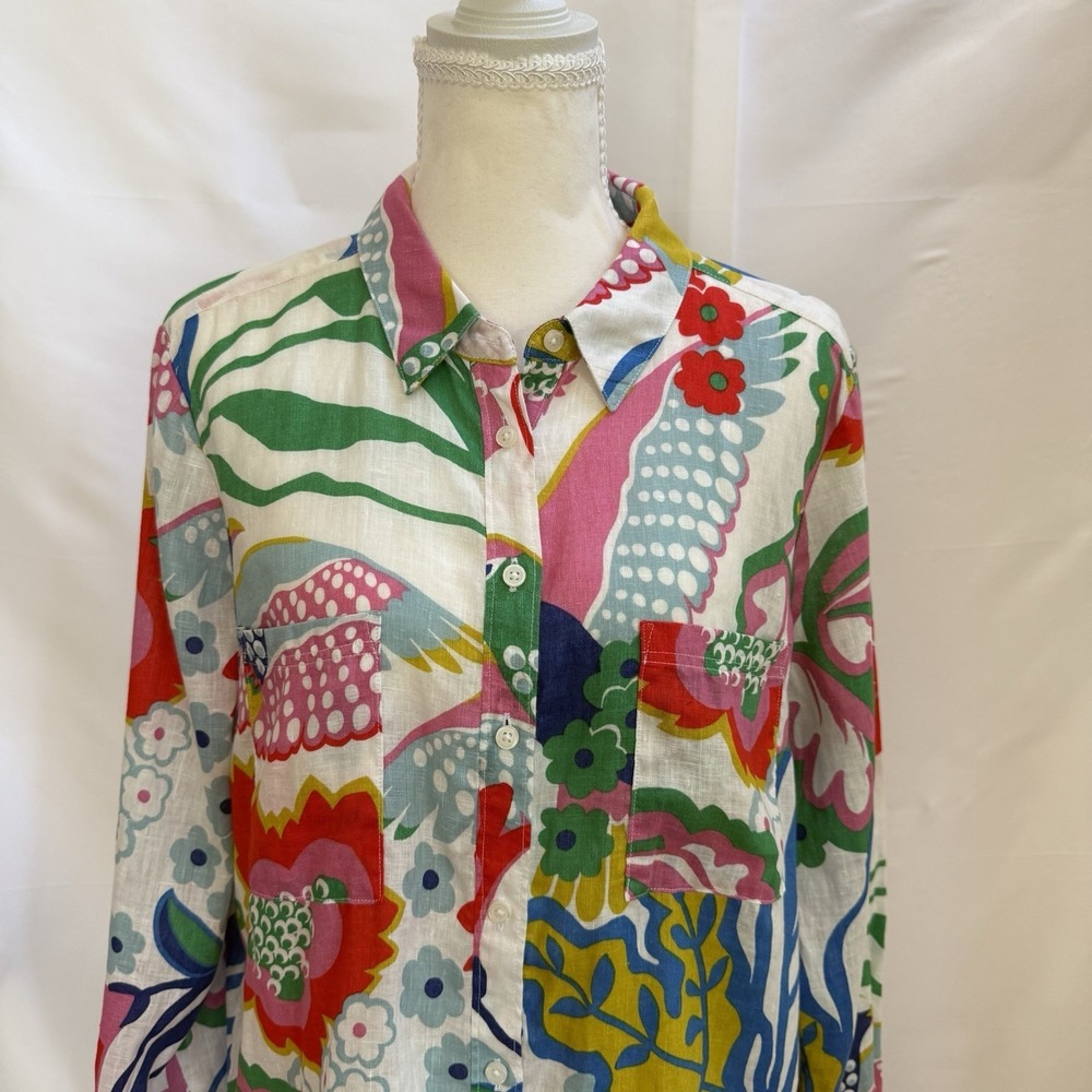Boden Linen Long Sleeve Floral Bird Button Up Blouse Women 10R Boho Resort - Picture 2 of 13